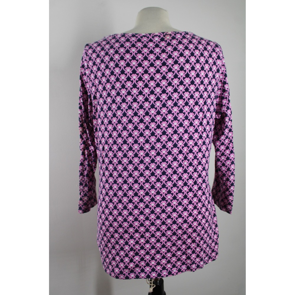 Talbots Size M Pink Navy Blue Floral Geometric Boatneck 3/4 Sleeve Tee Top - Picture 3 of 7